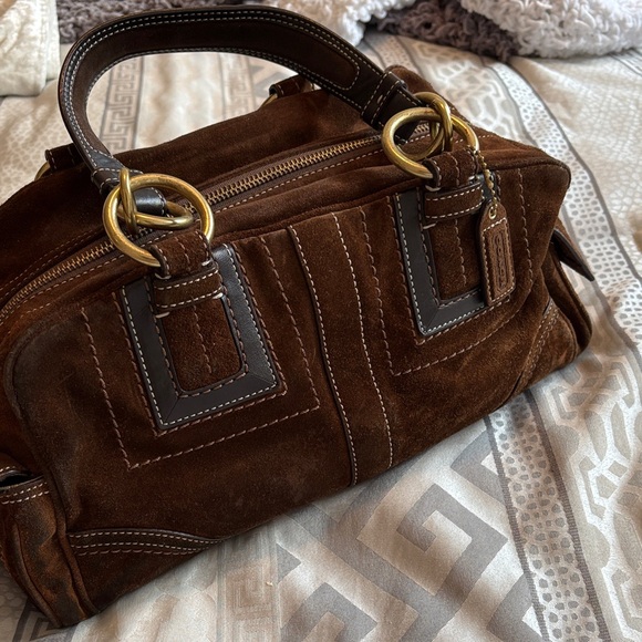 Coach Handbags - Coach Brown Suede Duffel Bag with Gold Accents